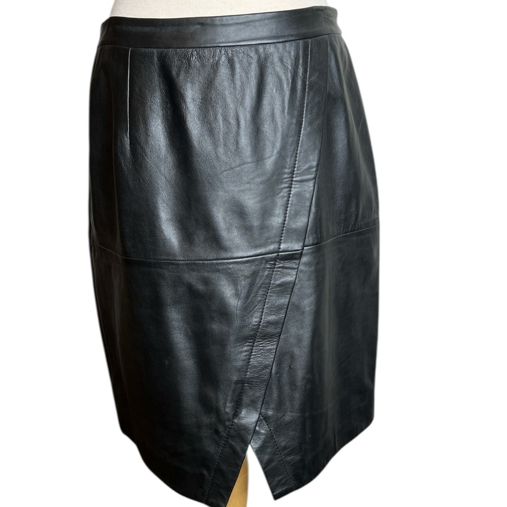 Halogen Black Leather Asymmetrical Midi Pencil Skirt – Faux Wrap, Slit (NWT)